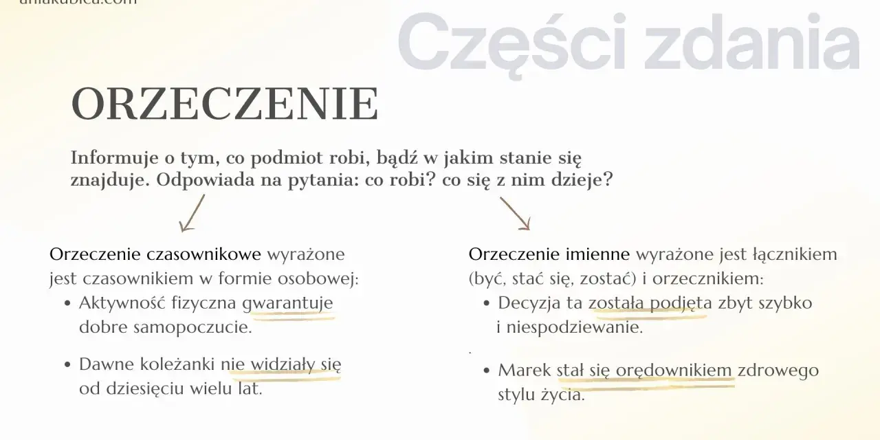 Rodzaje orzeczeń: czasownikowe (np. "gwarantuje") i imienne (np. "stał się").