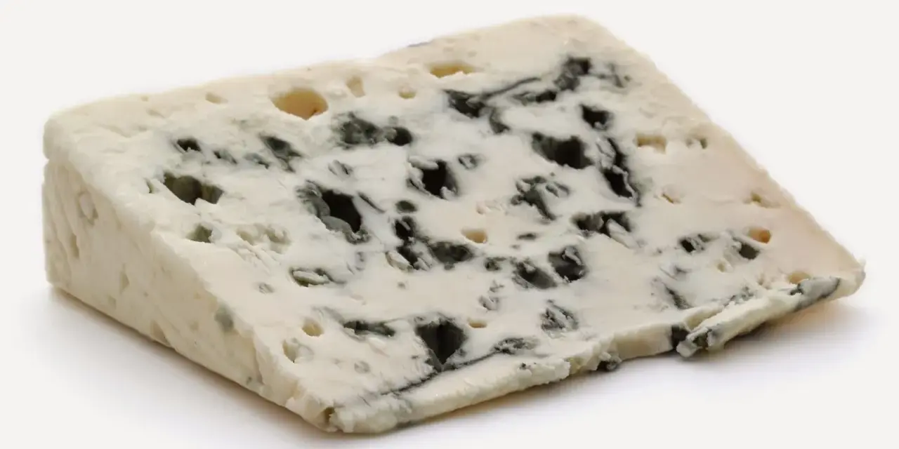 Un trozo de queso azul con vetas oscuras, un queso que huele mal pero es delicioso.