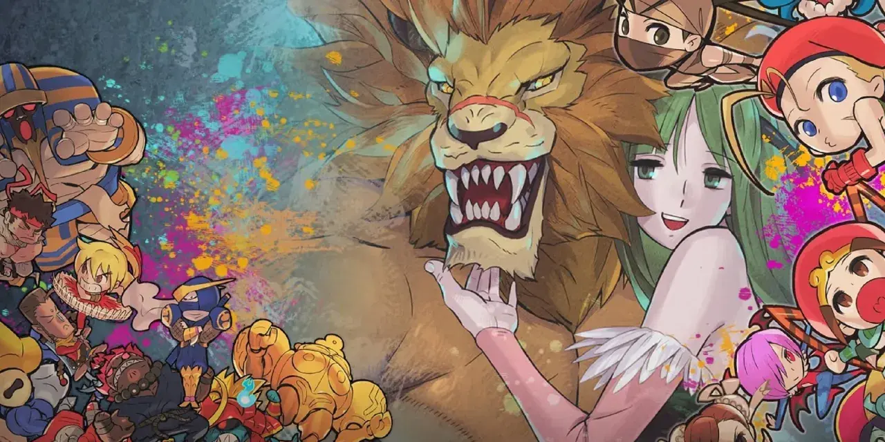 Personajes de fighting legends ps4, incluyendo un león gigante, una chica de pelo verde y guerreros chibi, con salpicaduras de pintura.