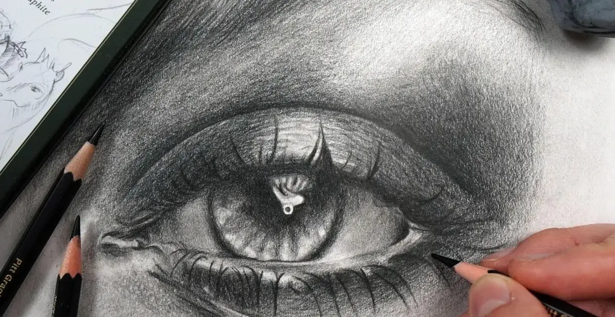 Un œil réaliste prend vie sous le crayon. Le dessin d'un œil, avec ses cils détaillés et son iris profond, est en cours de création.