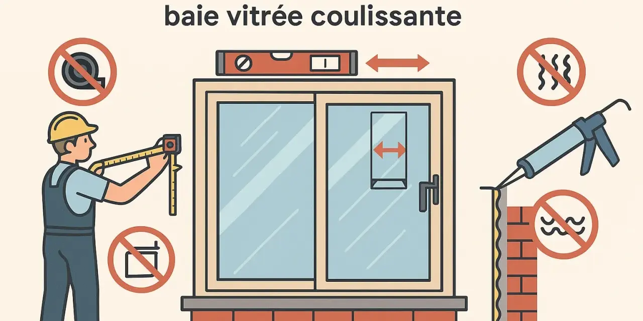 Un ouvrier mesure une baie vitrée coulissante. L'image illustre les erreurs à éviter lors de la pose, notamment en maçonnerie.
