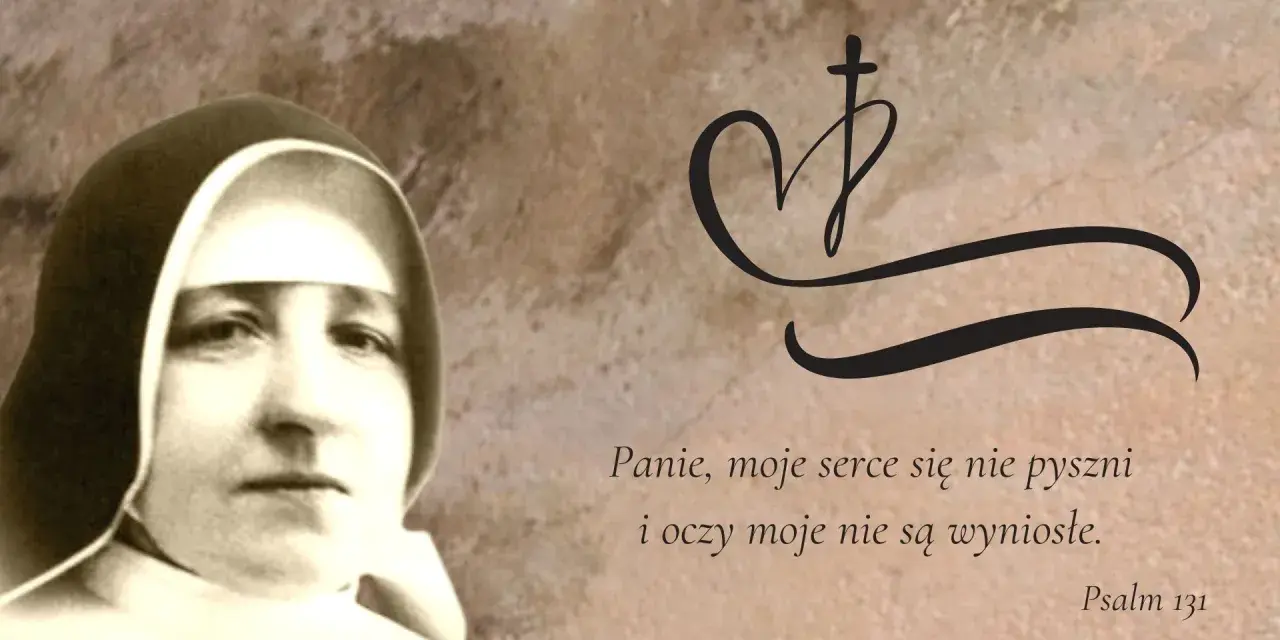 Siostra zakonna, symbol serca z krzyżem i cytat z Psalmu 131. Jej powołanie to pokora i służba.