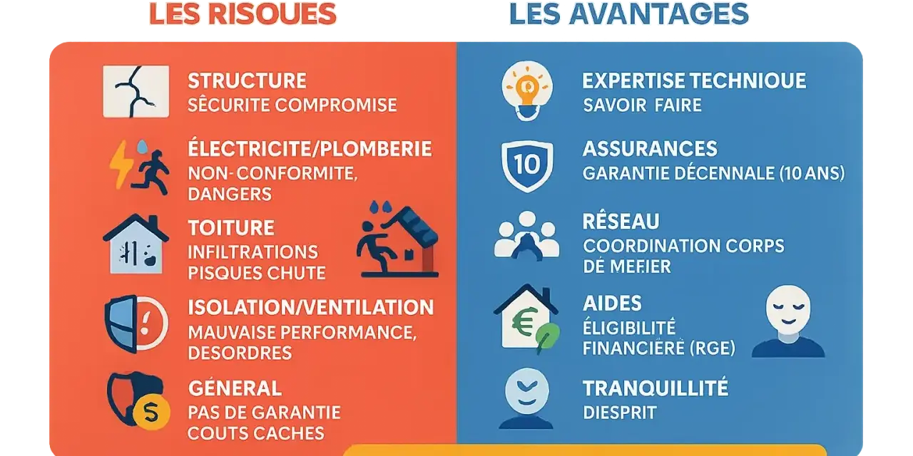 Avant/après rénovation maison ancienne : risques du bricolage vs avantages du pro. Expertise, assurances, aides, tranquillité.
