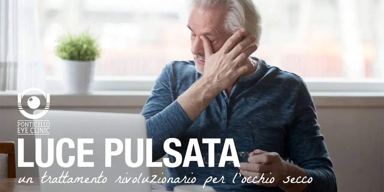 Uomo anziano si strofina gli occhi, forse a causa di effetti collaterali luce pulsata occhi. La luce pulsata è un trattamento rivoluzionario per l'occhio secco.