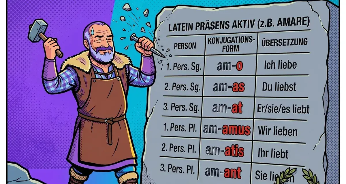 Ein Mann meißelt die Konjugation lateinischer Verben in Stein. Die Tabelle zeigt Präsens Aktiv von "amare".