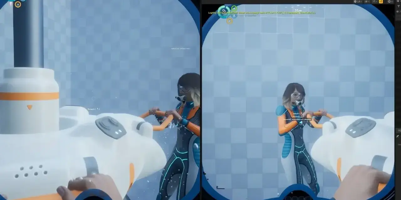 Jugando Subnautica 2 en PS5, una exploradora interactúa con una criatura blanca y naranja en un entorno acuático.