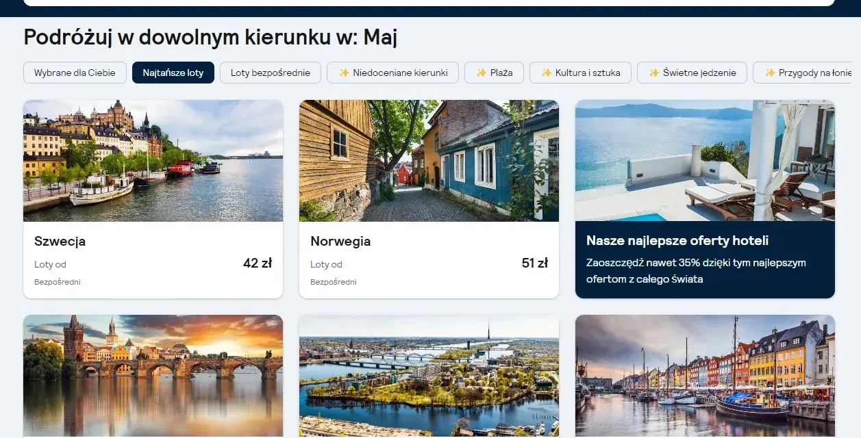Tanie loty na majówkę do Szwecji (42 zł), Norwegii (51 zł), Czech (55 zł), Łotwy (56 zł) i Danii (56 zł).