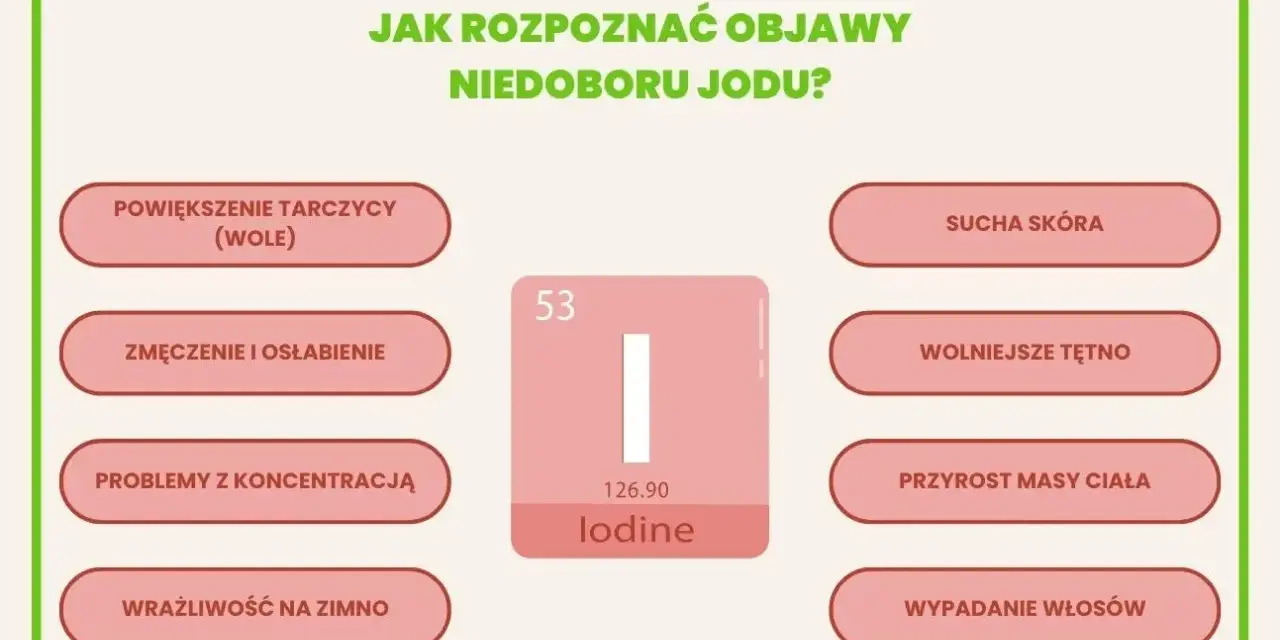 Objawy niedoboru jodu: powiększenie tarczycy, zmęczenie, problemy z koncentracją, sucha skóra, wolniejsze tętno, przyrost masy ciała, wypadanie włosów. Jod jest kluczowy dla tarczycy.