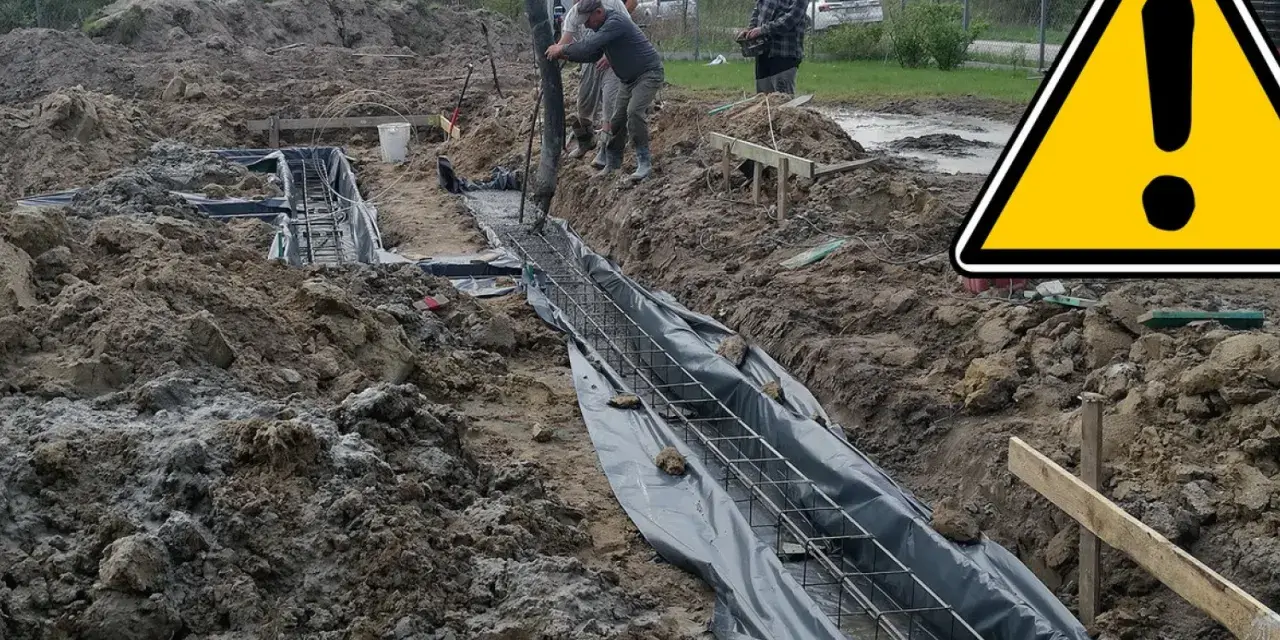 Budowa fundamentów w trudnych, błotnistych warunkach. Złożone warunki gruntowe wymagają szczególnej ostrożności.