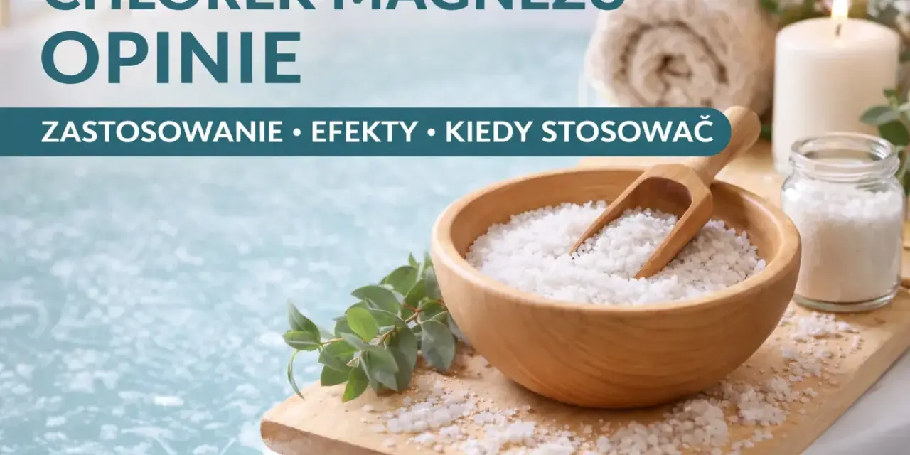 Chlorek magnezu w misie, obok świecy i ręcznika. Woda w wannie tworzy relaksującą atmosferę.