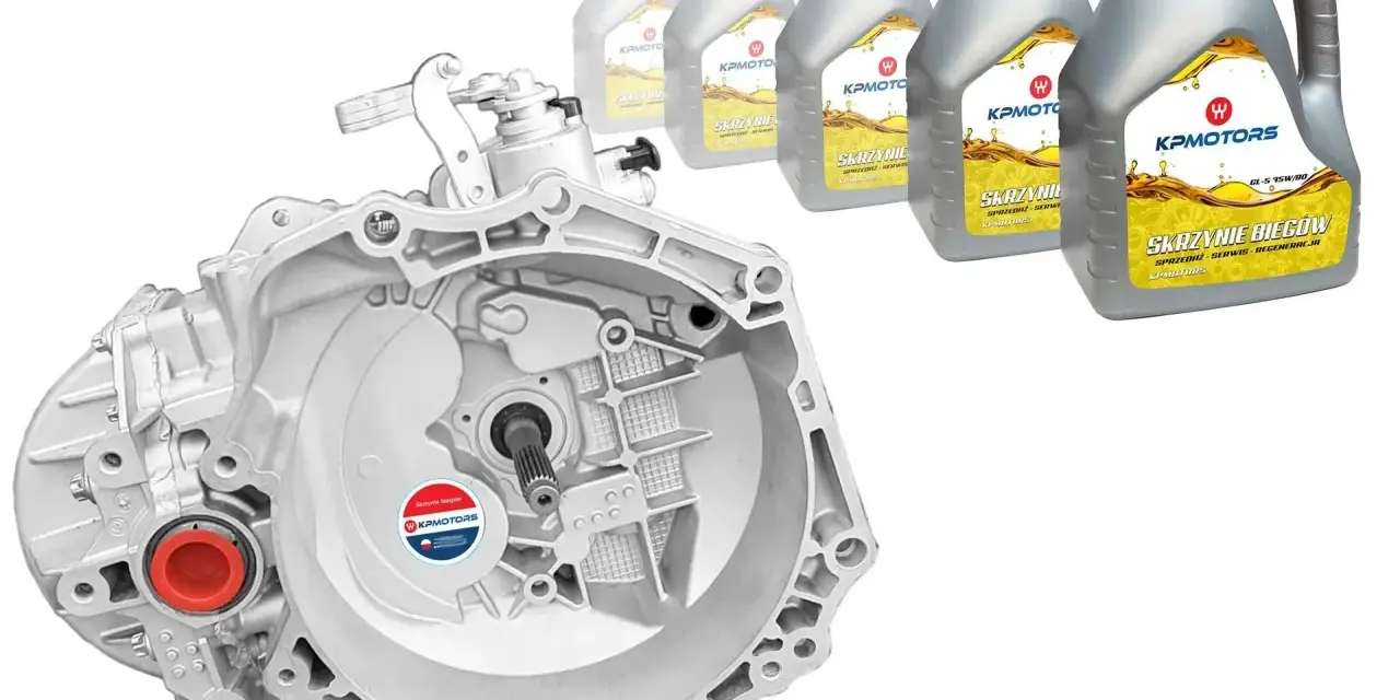 Skrzynia biegów do 1.7 CDTI, obok butelki oleju KPMOTORS.