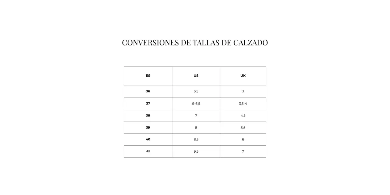 Tabla de equivalencia tallas UK España. Muestra conversiones de tallas de calzado ES, US y UK, desde la 36 hasta la 41.