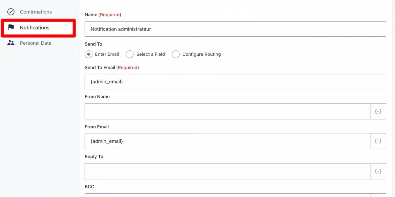 Configuration des notifications pour un formulaire Gravity Forms WordPress.