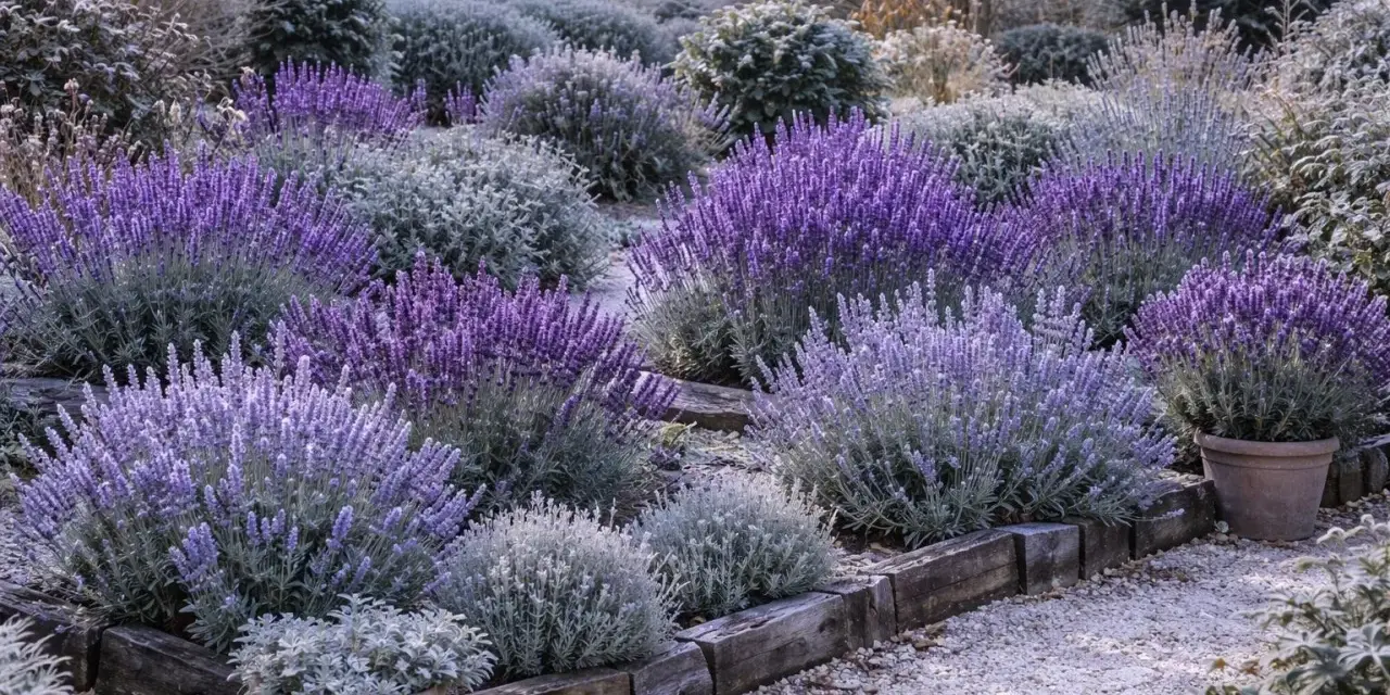 Ein Garten mit verschiedenen Lavendel-Sorten, die in voller Blüte stehen. Die violetten Blüten bilden einen schönen Kontrast zu den graugrünen Blättern und dem Kiesweg.