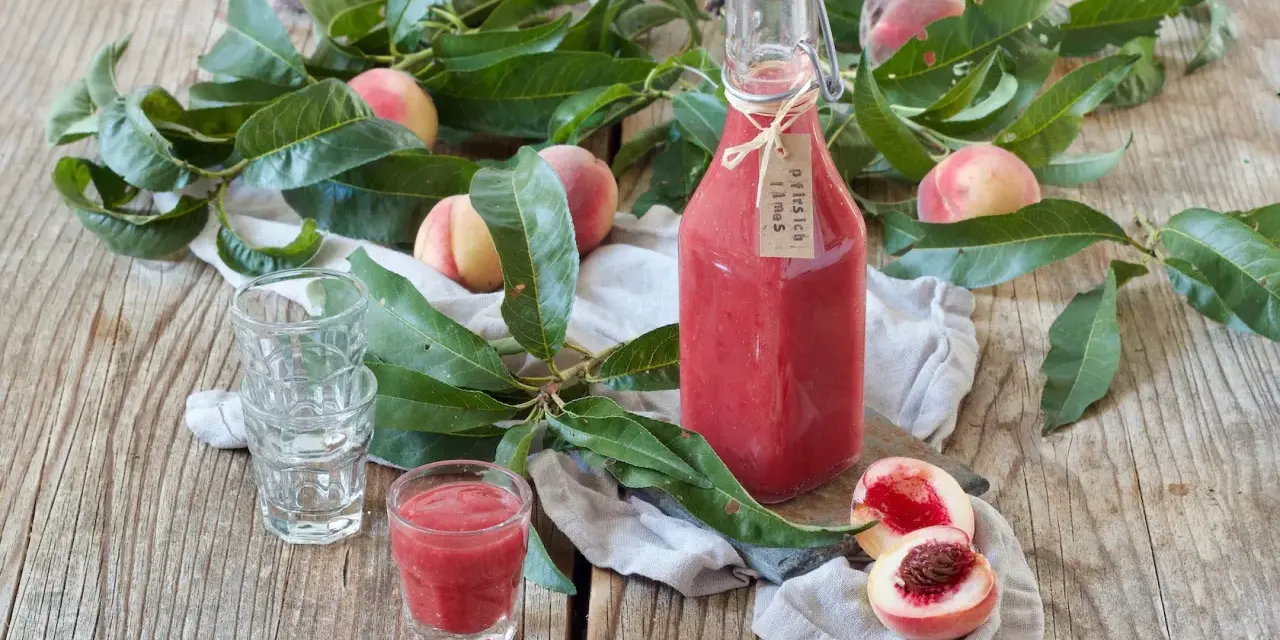 Flasche mit selbstgemachtem Pfirsichschnaps, frische Pfirsiche und Blätter auf Holztisch. Perfekt für den Sommer!