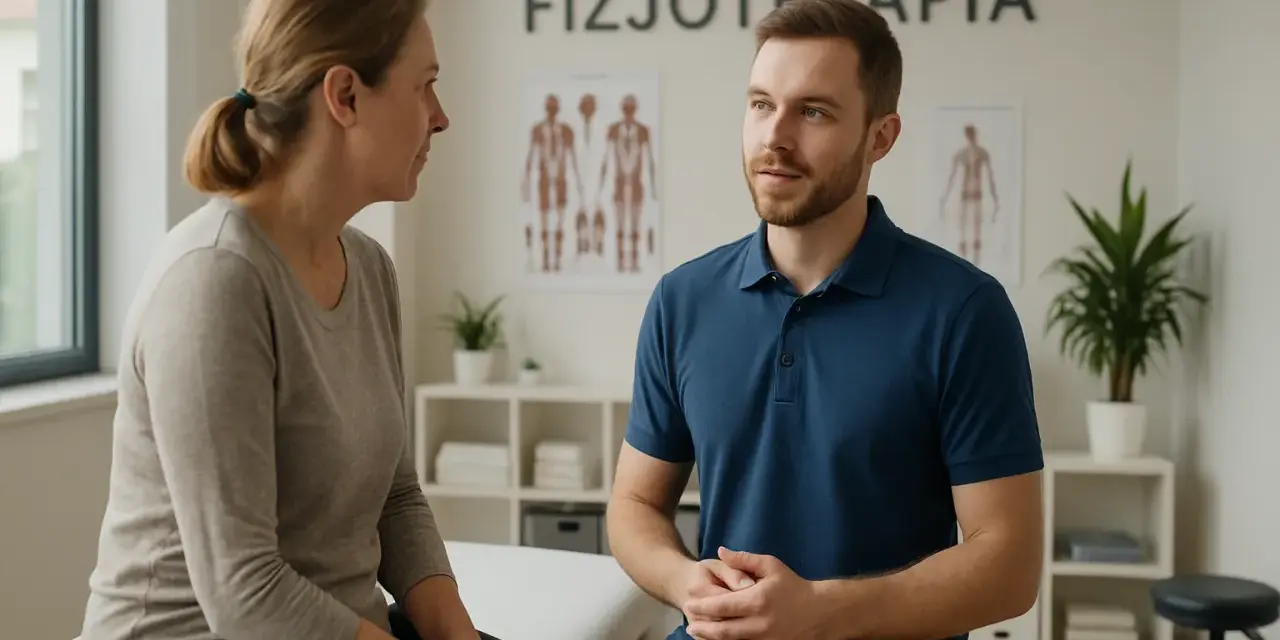 Fizjoterapeuta w gabinecie rozmawia z pacjentką.