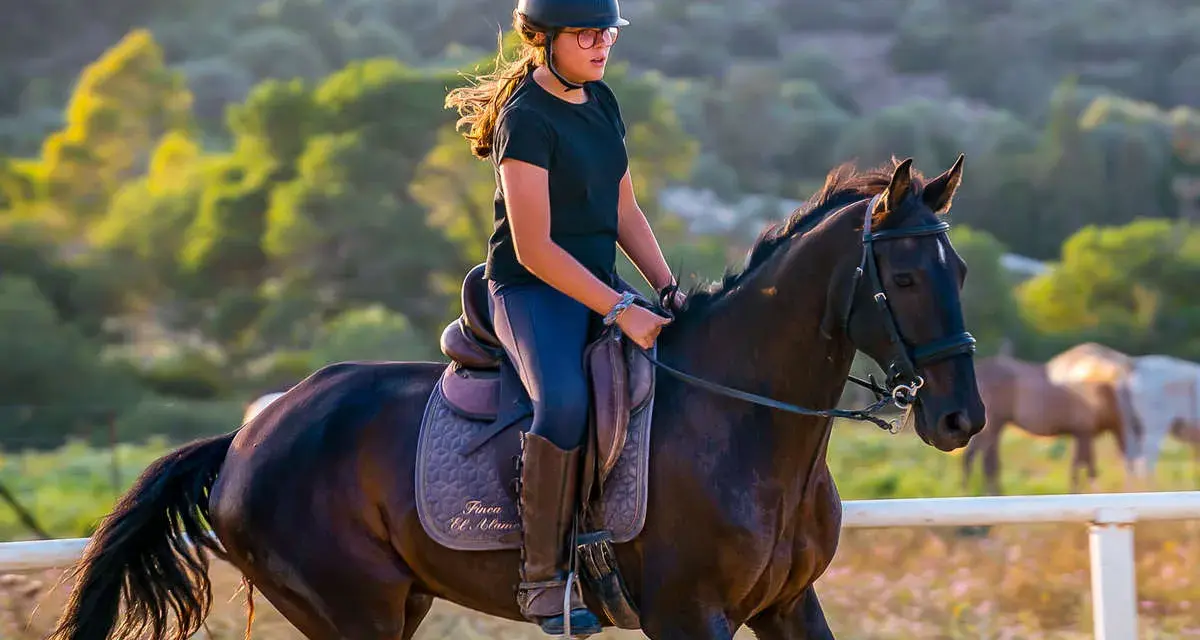 Jeune fille en casque et lunettes roses monte un cheval noir dans un ranch, le soleil couchant illumine la scène.
