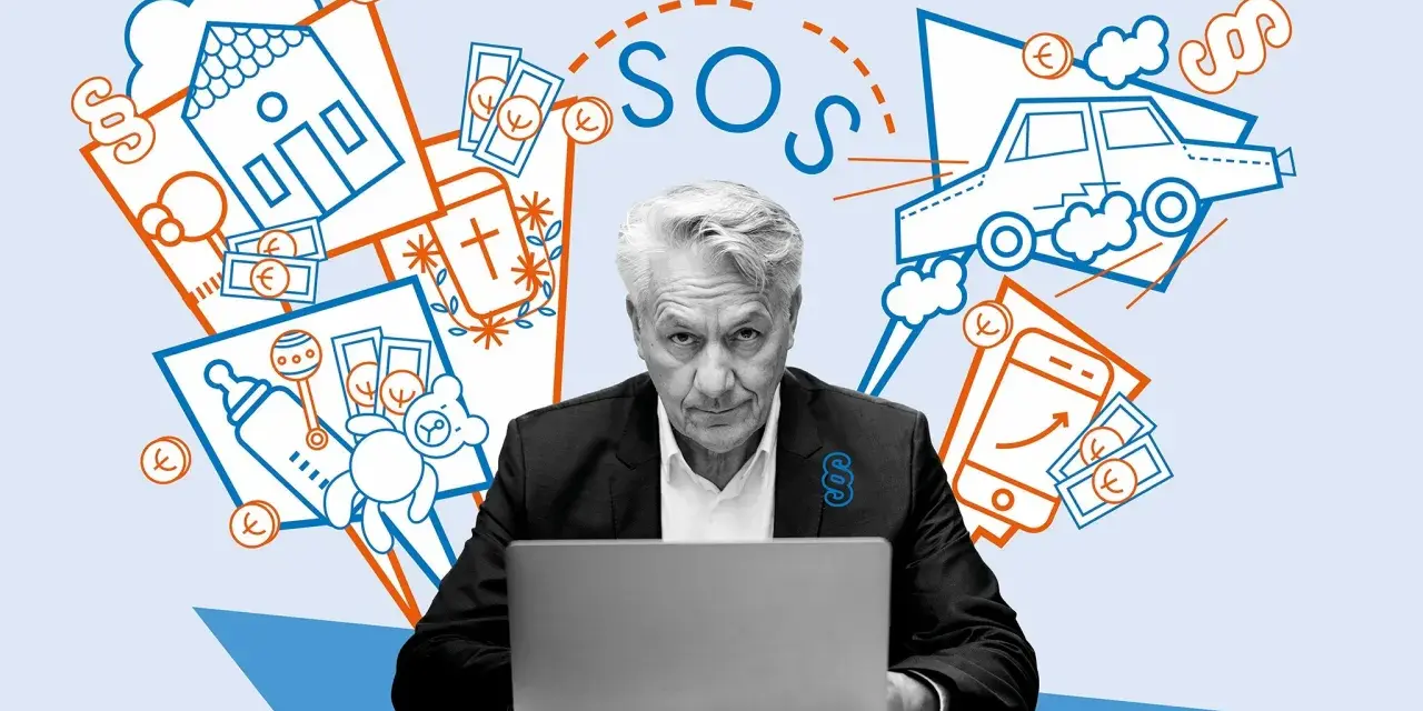 Ernsthafter Mann am Laptop, umgeben von Symbolen für Haus, Auto, Baby, Geld und SOS. Hilfe bei Fragen zu kostenlose rechtsberatung mietrecht.