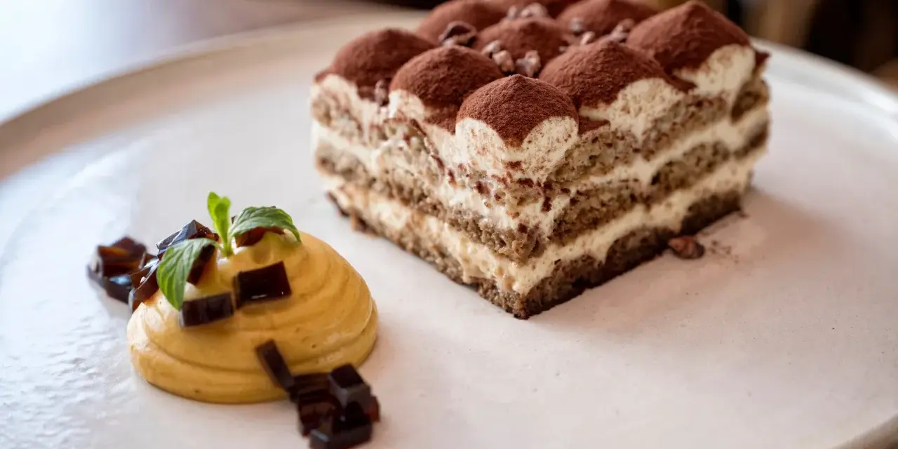 Pyszne domowe ciasta na wesele: tiramisu i mus z galaretką, udekorowane miętą.