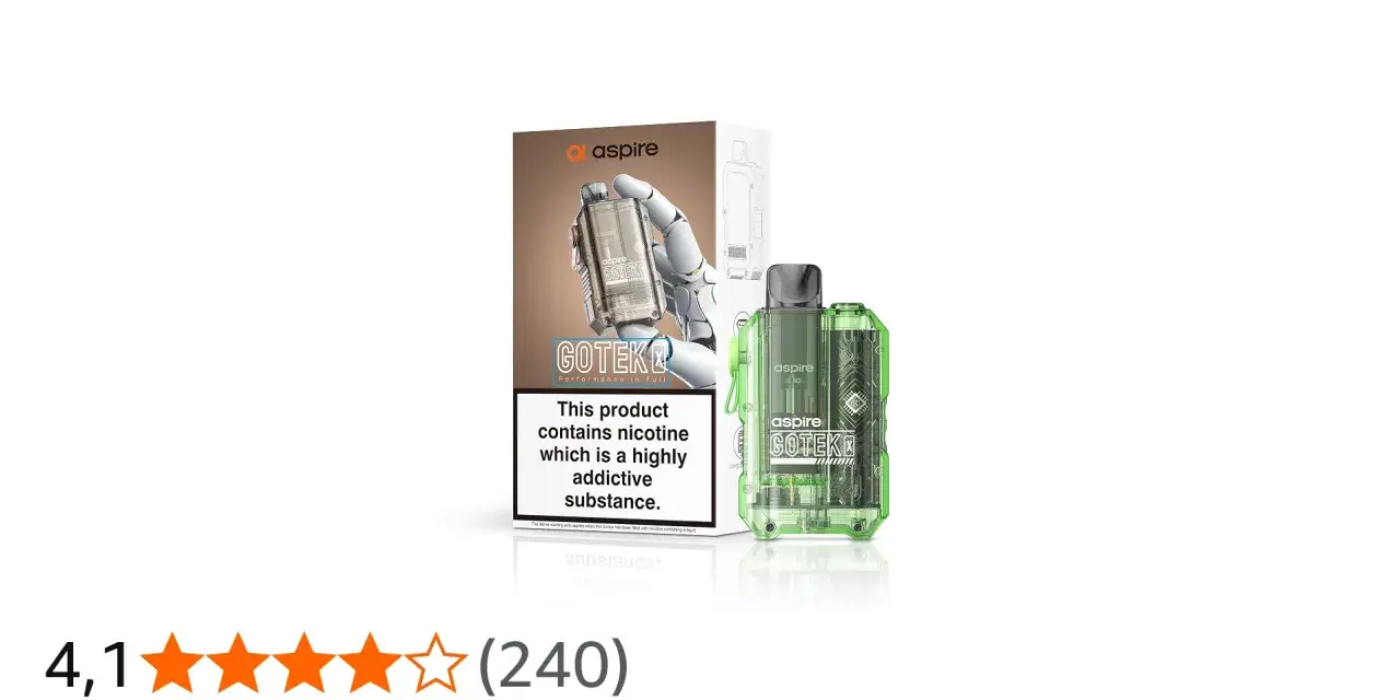 Aspire Gotek, un dispositivo pod transparente y verde con su caja.