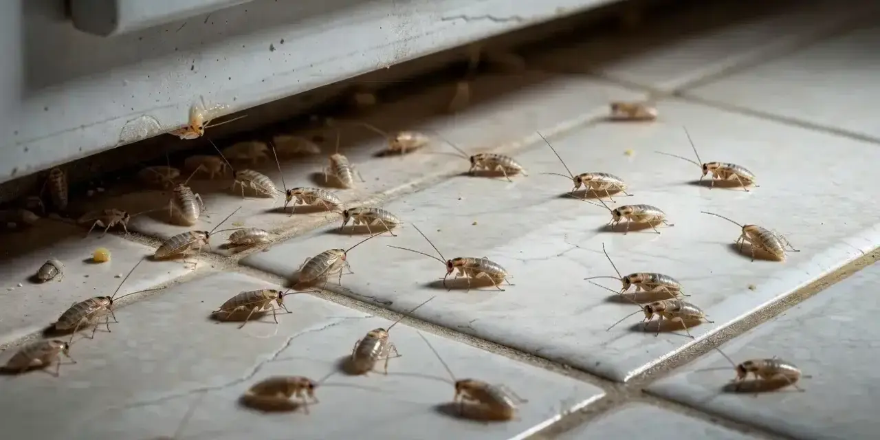 Un enjambre de cucarachas pequeñas se arrastra por el suelo de baldosas, buscando refugio bajo un mueble.