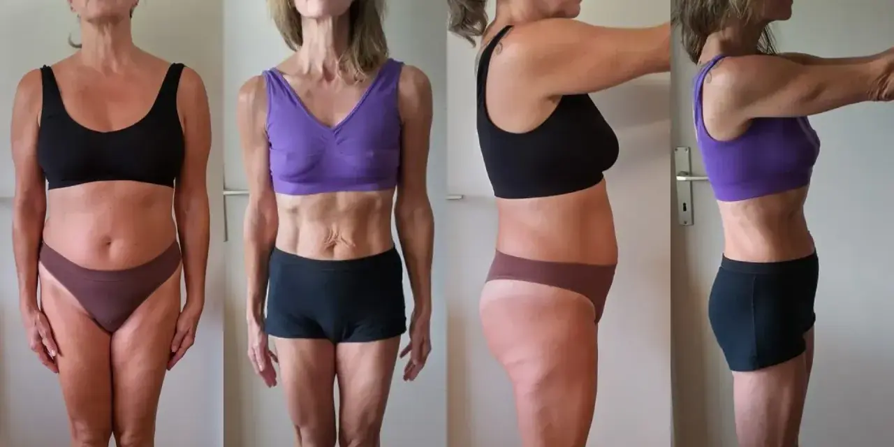 Transformation d'une femme après 50 ans : avant/après, montrant les résultats d'un programme pour se muscler.
