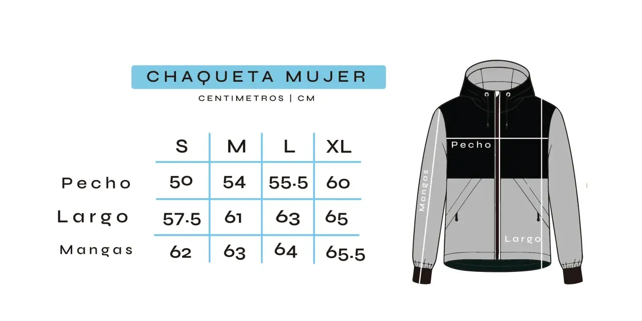Guía de tallas de chaquetas mujer: medidas de pecho, largo y mangas en cm para tallas S, M, L, XL.