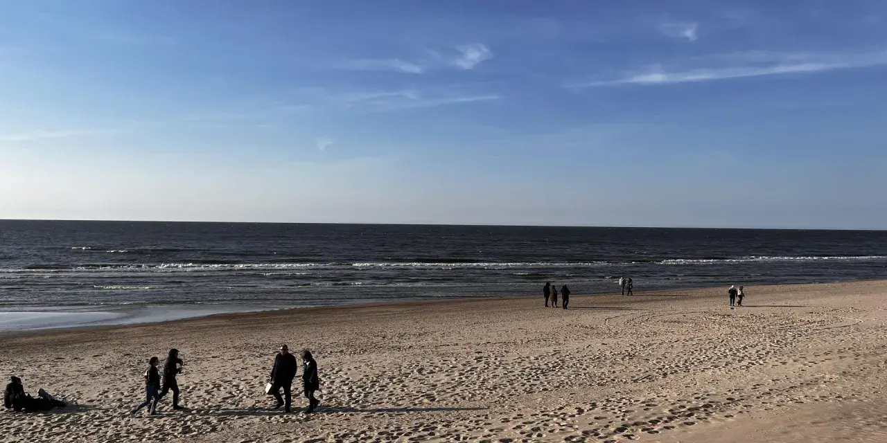 Plaża nad Bałtykiem z kilkoma spacerującymi osobami i widokiem na morze.