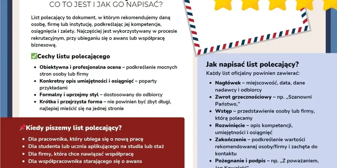 List polecający: co to jest, cechy, kiedy piszemy i jak napisać. Dokument rekomendujący osobę lub firmę, kluczowy w procesie rekrutacji.