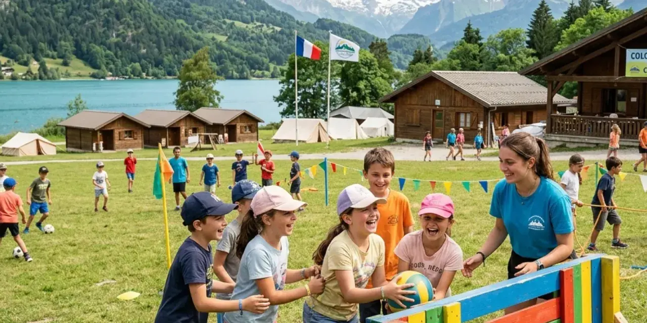 Animation colonie de vacances : des enfants rient en jouant avec un ballon, une monitrice les supervise. Paysage de montagne et lac en arrière-plan.