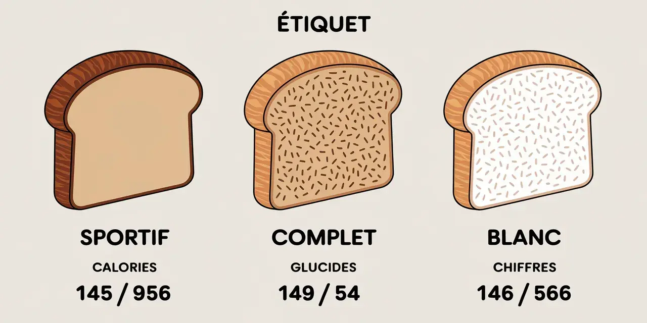 Trois tranches de pain : sportif, complet et blanc. Le pain complet fait il grossir ? L'image compare leurs valeurs nutritionnelles.