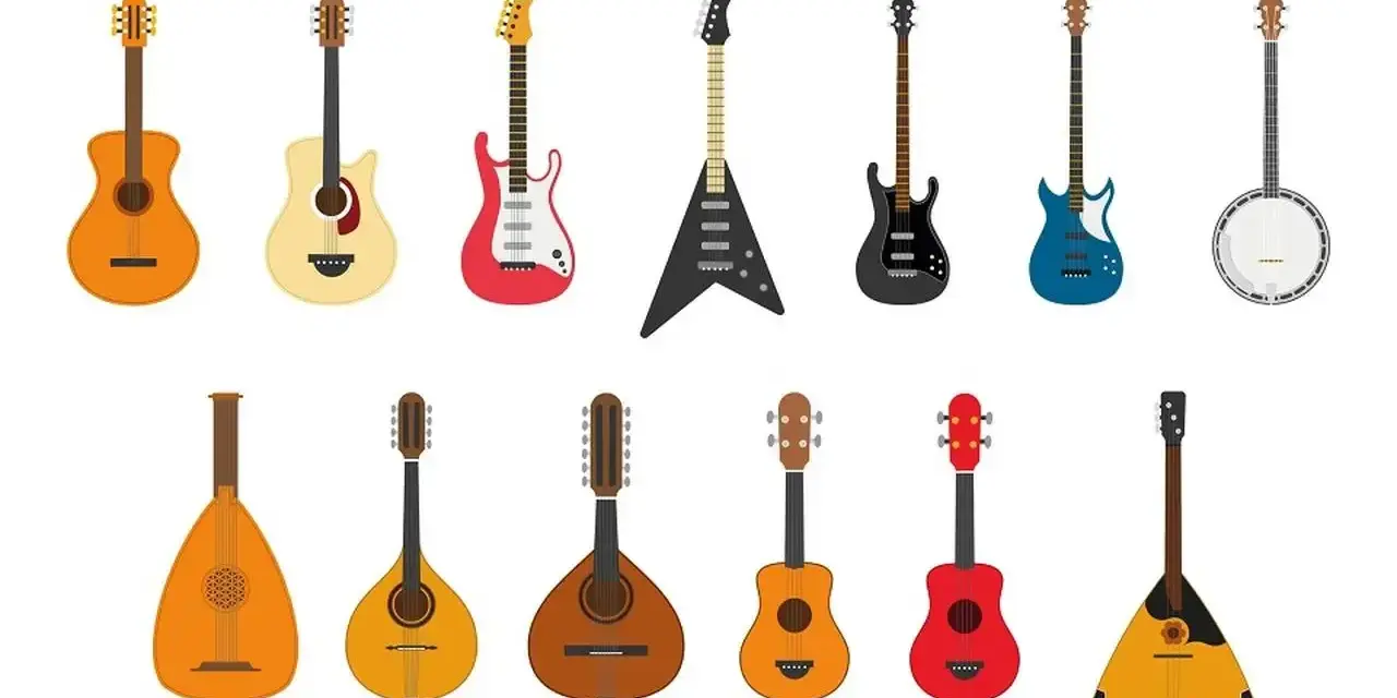 Rząd gitar akustycznych, elektrycznych i banjo obok rzędu lutni, mandolin i balalajki – różnorodne instrumenty muzyczne strunowe.