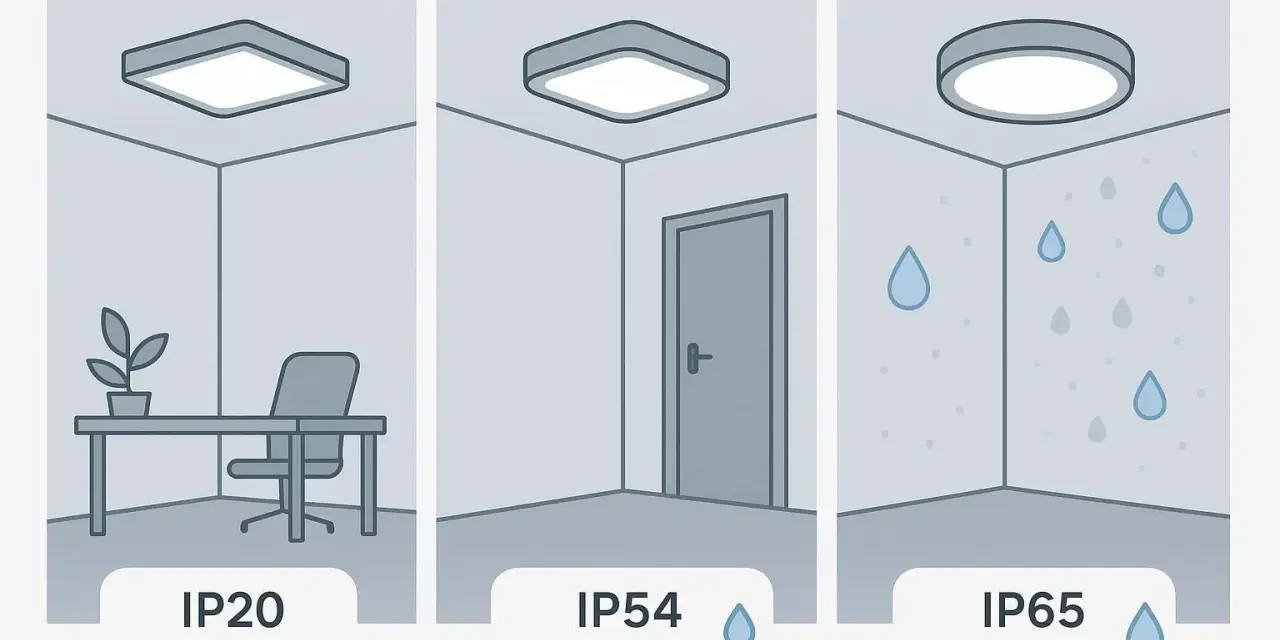 Trzy lampy sufitowe: IP20 w biurze, IP54 w korytarzu, IP65 w wilgotnym pomieszczeniu.