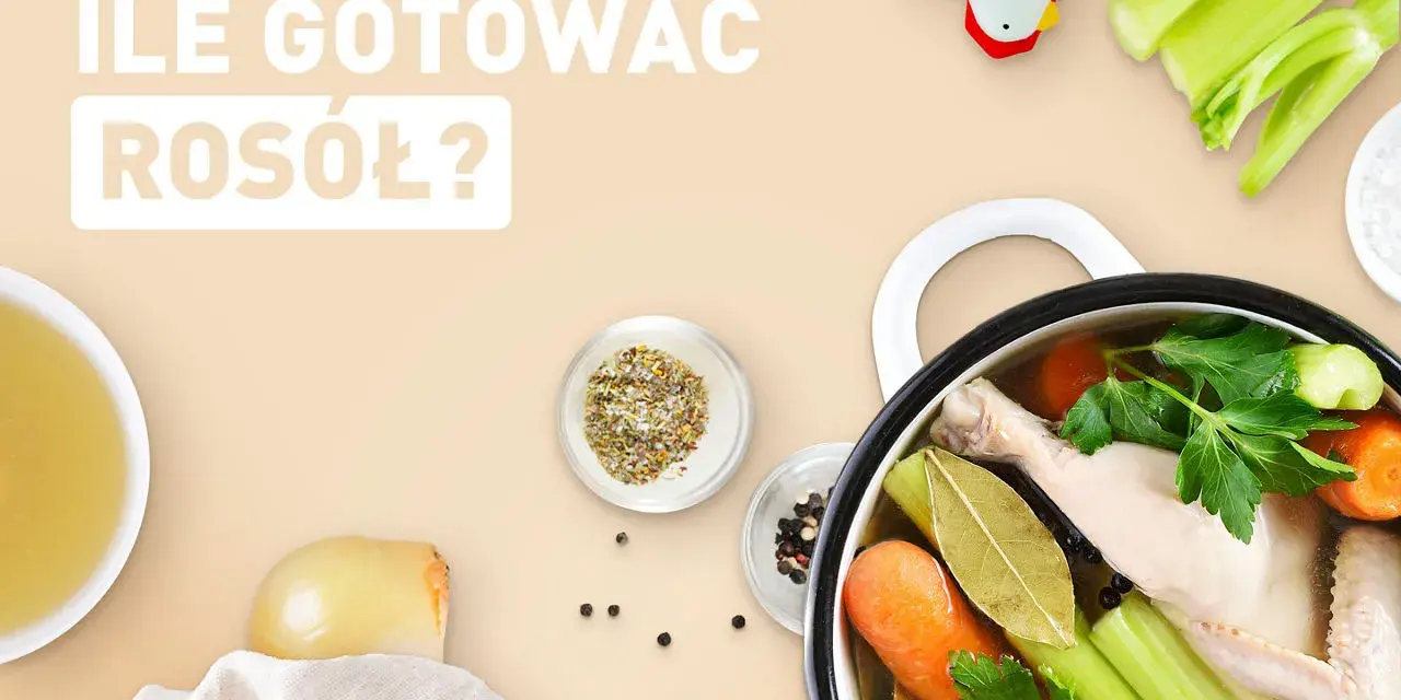 Ile gotować rosół? Garnek z kurczakiem, warzywami i przyprawami, obok miseczka z bulionem i timer w kształcie kurczaka.