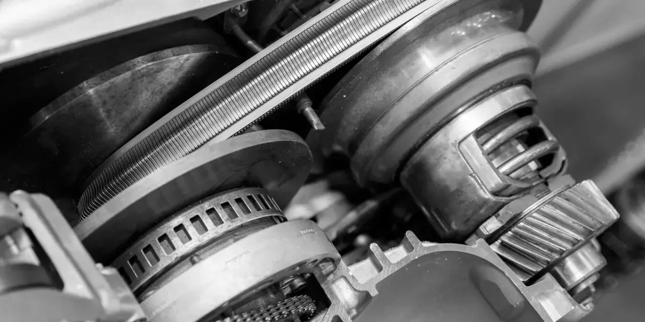 Zbliżenie na mechanizm bezstopniowej skrzyni biegów z widocznym pasem i kołami pasowymi.