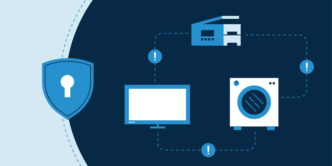 Shield icon protecting various access control IoT devices like a monitor, printer, and washing machine from potential threats.