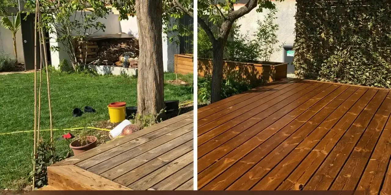 Avant/Après : un bois autoclave vieilli transformé par un saturateur brun. L'entretien redonne vie à la terrasse.