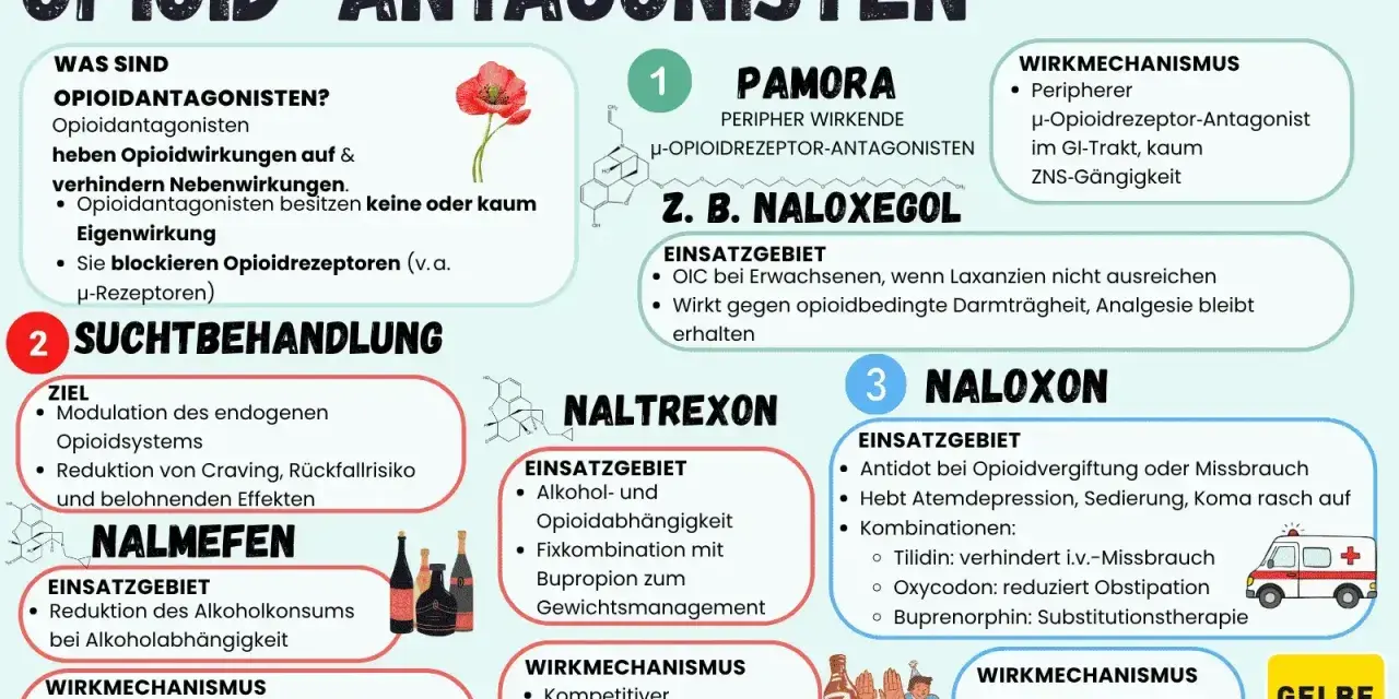 Opioid-Antagonisten wie Naloxon, Naltrexon und Naloxegol blockieren Opioidrezeptoren. Sie helfen bei der Suchtbehandlung und können Nebenwirkungen von Opioiden wie Obstipation bei Oxycodon reduzieren.