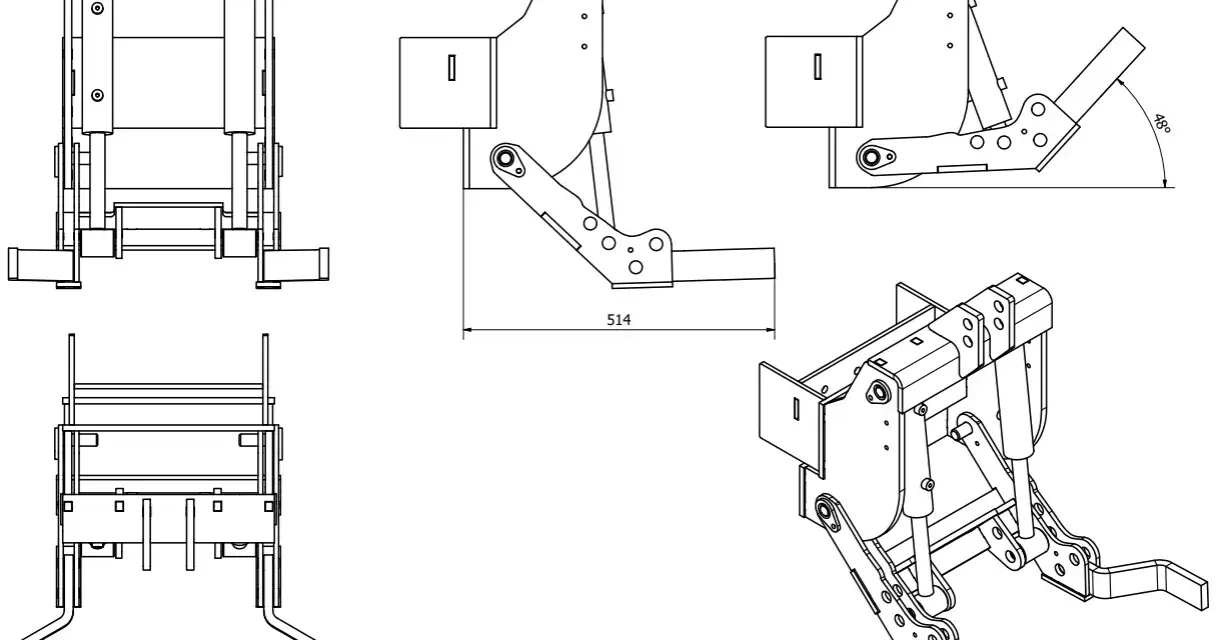 Rysunki techniczne pokazują tuz przedni z wymiarami, w tym 514 mm.