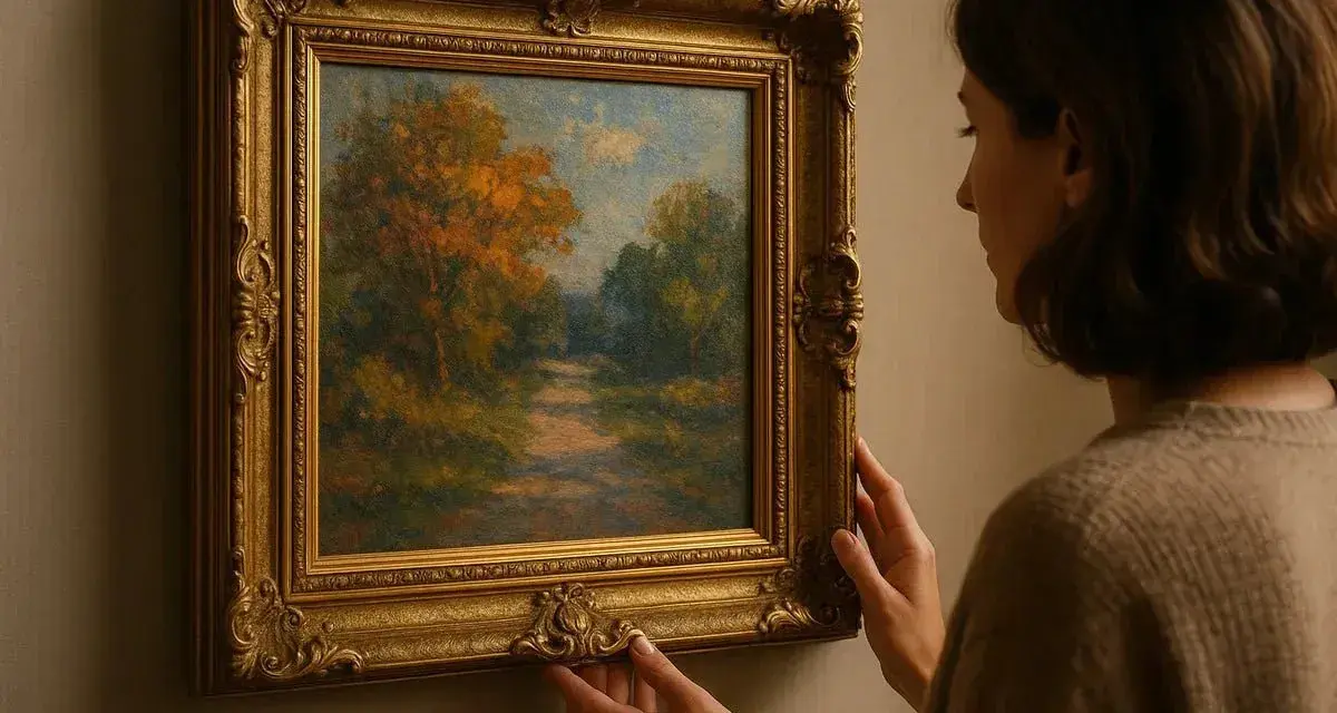 Une femme ajuste un tableau représentant un chemin forestier automnal, son cadre doré orné ajoutant une touche d'élégance.