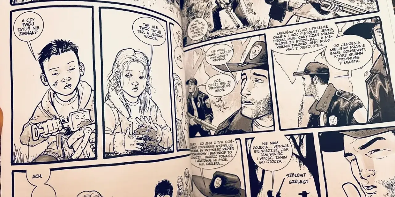 Kadr z komiksu The Walking Dead. Dzieci tęsknią za ojcem, podczas gdy dorośli rozmawiają o broni i zapasach.
