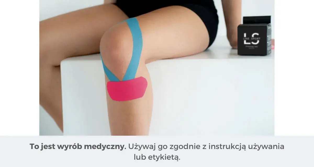 Prądy na kolano w kolorze niebieskim i różowym, wspierające staw. Opakowanie produktu Line Sport.