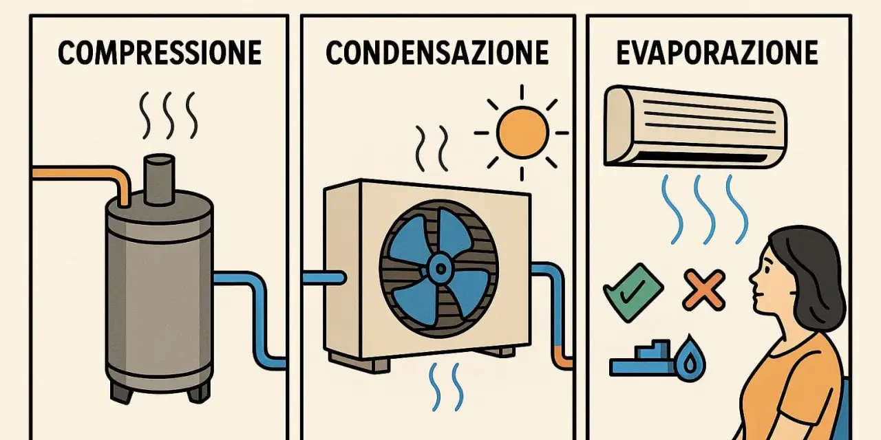 Illustrazione che spiega come funziona il condizionatore: compressione, condensazione ed evaporazione.