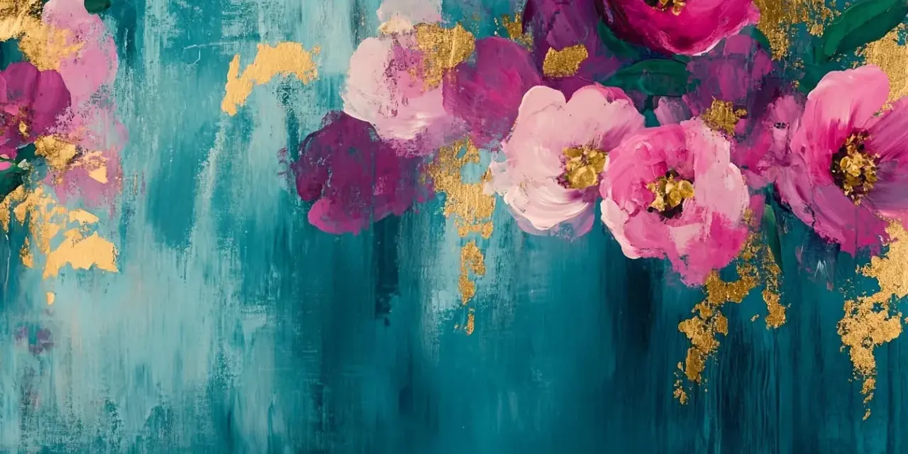 Peinture abstraite avec des fleurs roses et violettes sur fond bleu sarcelle, rehaussée de touches dorées.