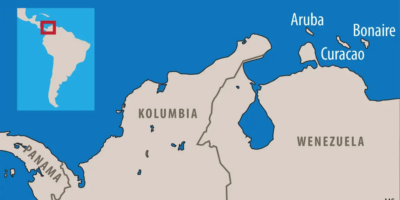 Mapa Karaibów: Aruba, Bonaire i Curacao leżą przy wybrzeżach Kolumbii i Wenezueli.