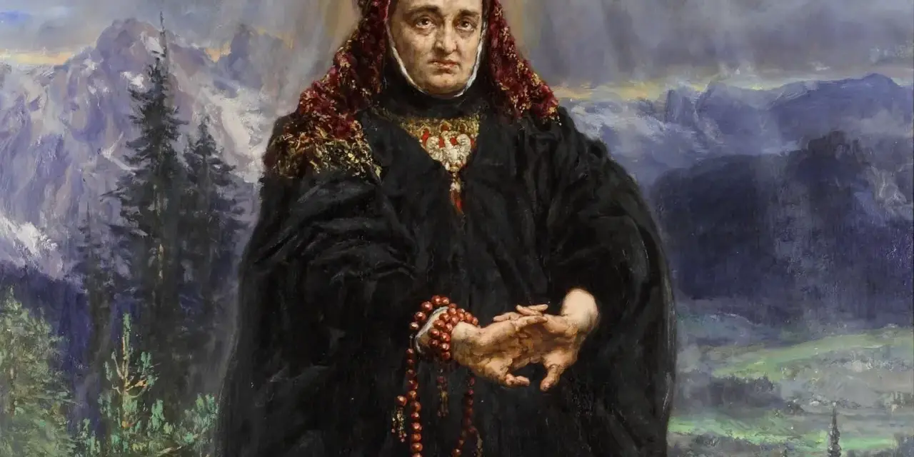 Portret królowej w koronie i czarnej szacie, z różańcem w dłoniach. Tło to góry i miasto. To streszczenie legendy o świętej Kindze.