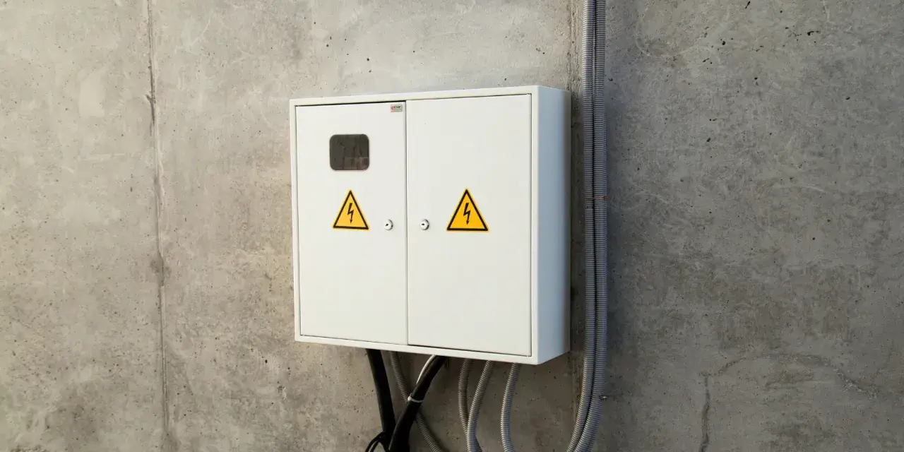Biała skrzynka elektryczna na betonie z symbolami ostrzegawczymi. Przydatna przy wypełnianiu wniosku o określenie warunków przyłączenia PGE wzór.