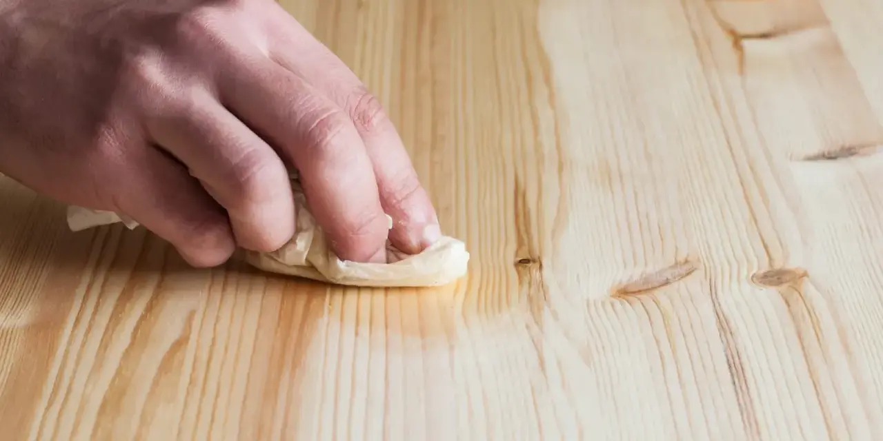 Main d'artisan essuyant un bois fraîchement poncé avec un chiffon humide pour le nettoyer.