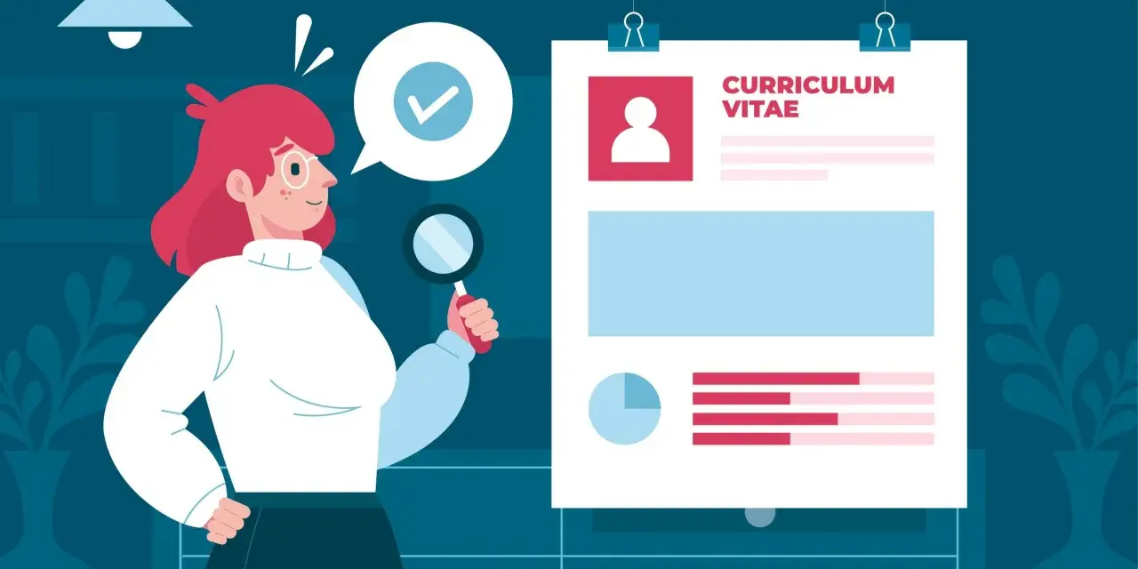 Donna con lente d'ingrandimento analizza un curriculum vitae, cercando il job title perfetto.