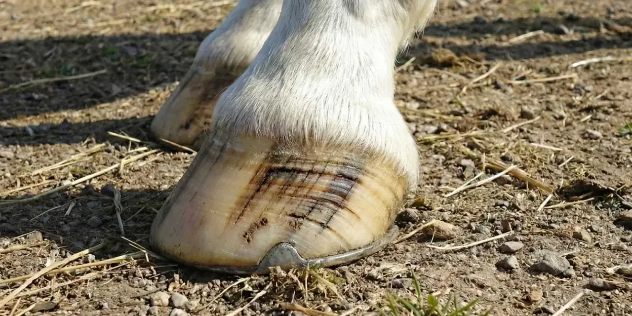 Gros plan sur les sabots d'un cheval blanc, montrant des marques sombres sur la corne, potentiellement un signe de maladie du sabot.